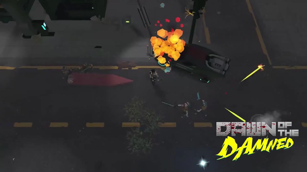 Dawn of the Damned oynanış karesi: yukarıdan bakışlı sokak çatışması ve patlama